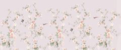 Custom Floral Wallpaper -Peach & Cream Blossoms with Birds- Lavender Background -Elegant Botanical Wall Decor