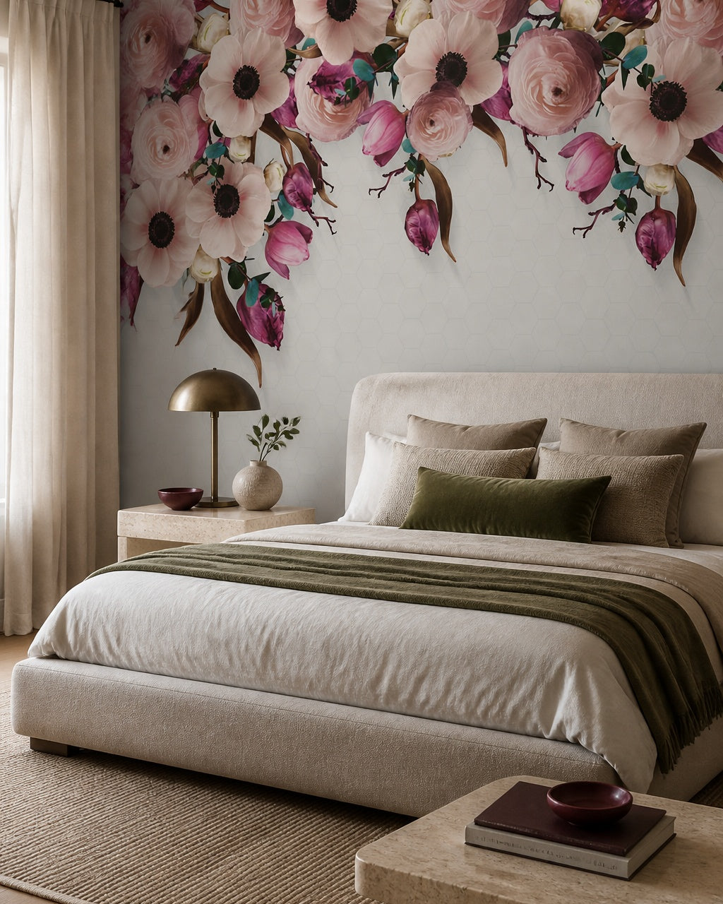 Pink peonies and tulips wallpaper in a designer bedroom.
