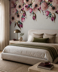 Pink peonies and tulips wallpaper in a designer bedroom.