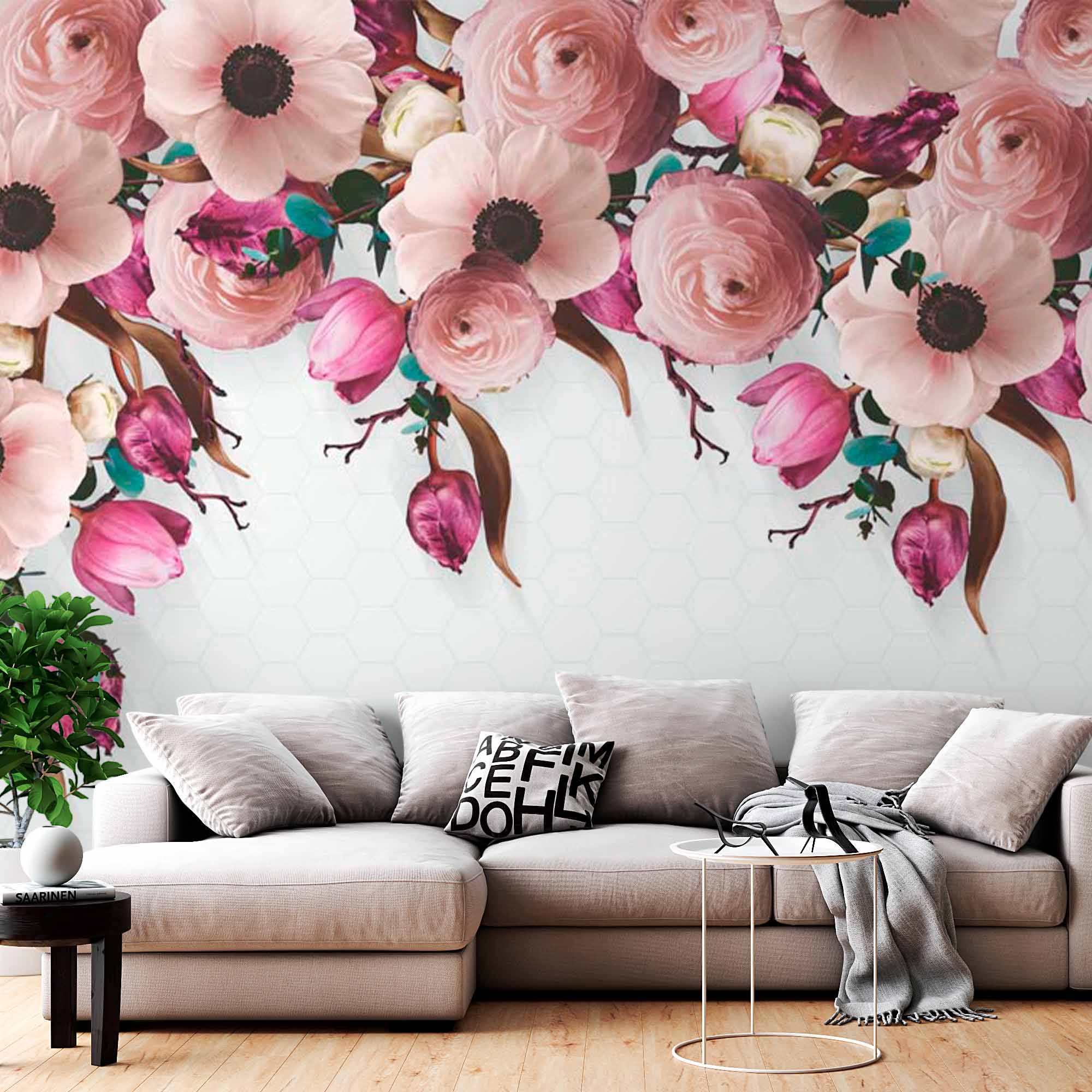 Elegant Floral Wall Mural with Pink Peonies and Purple Tulips on Hexagon Background