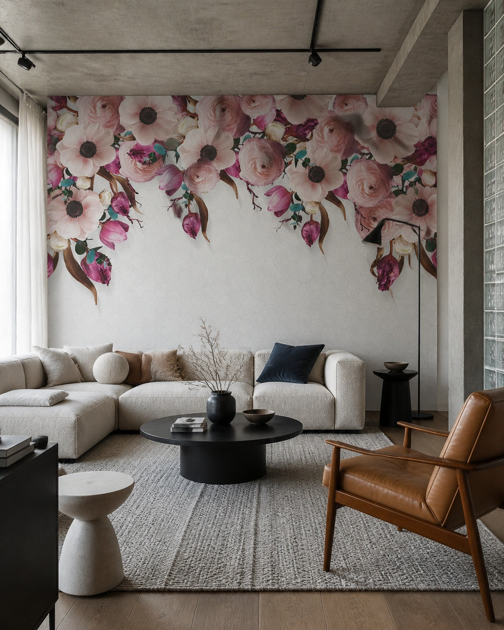 Pink peonies and tulips wallpaper in a designer living room.