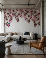 Pink peonies and tulips wallpaper in a designer living room.