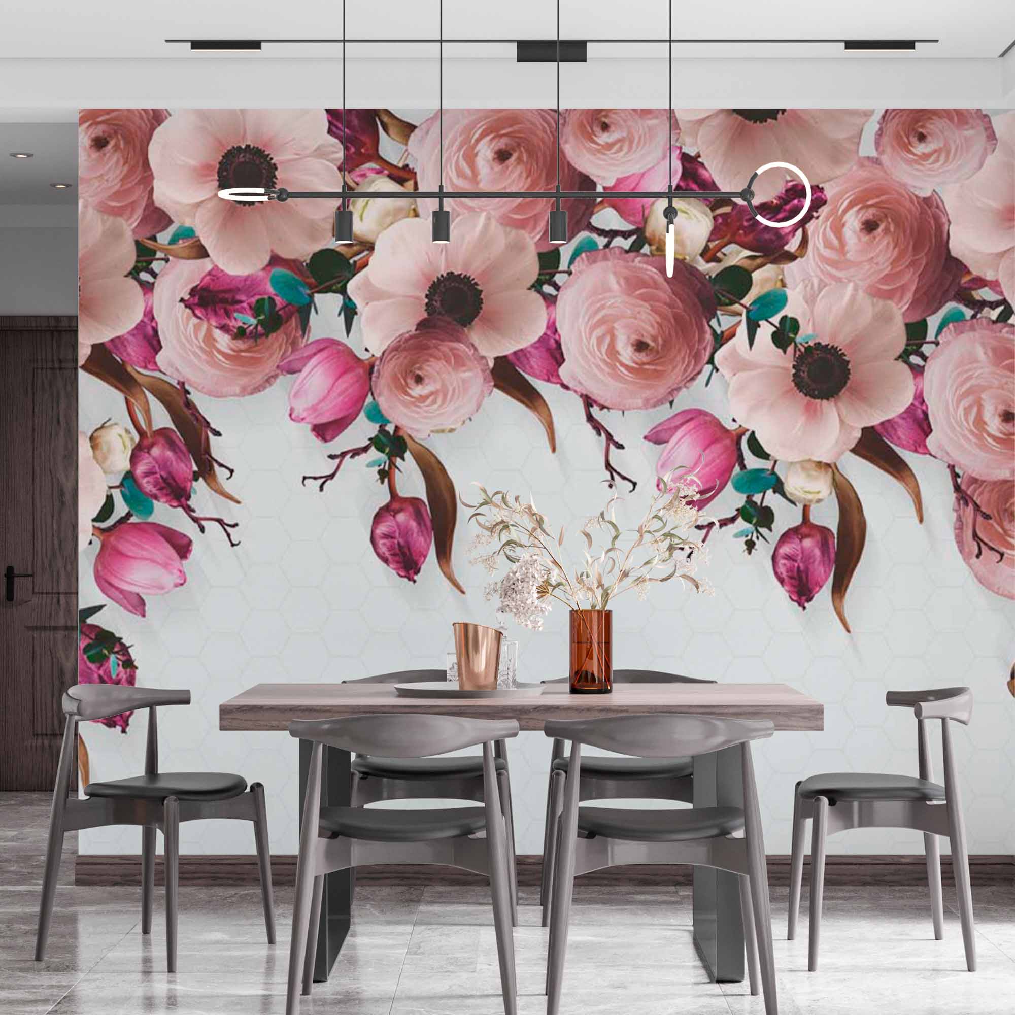 Elegant Floral Wall Mural with Pink Peonies and Purple Tulips on Hexagon Background