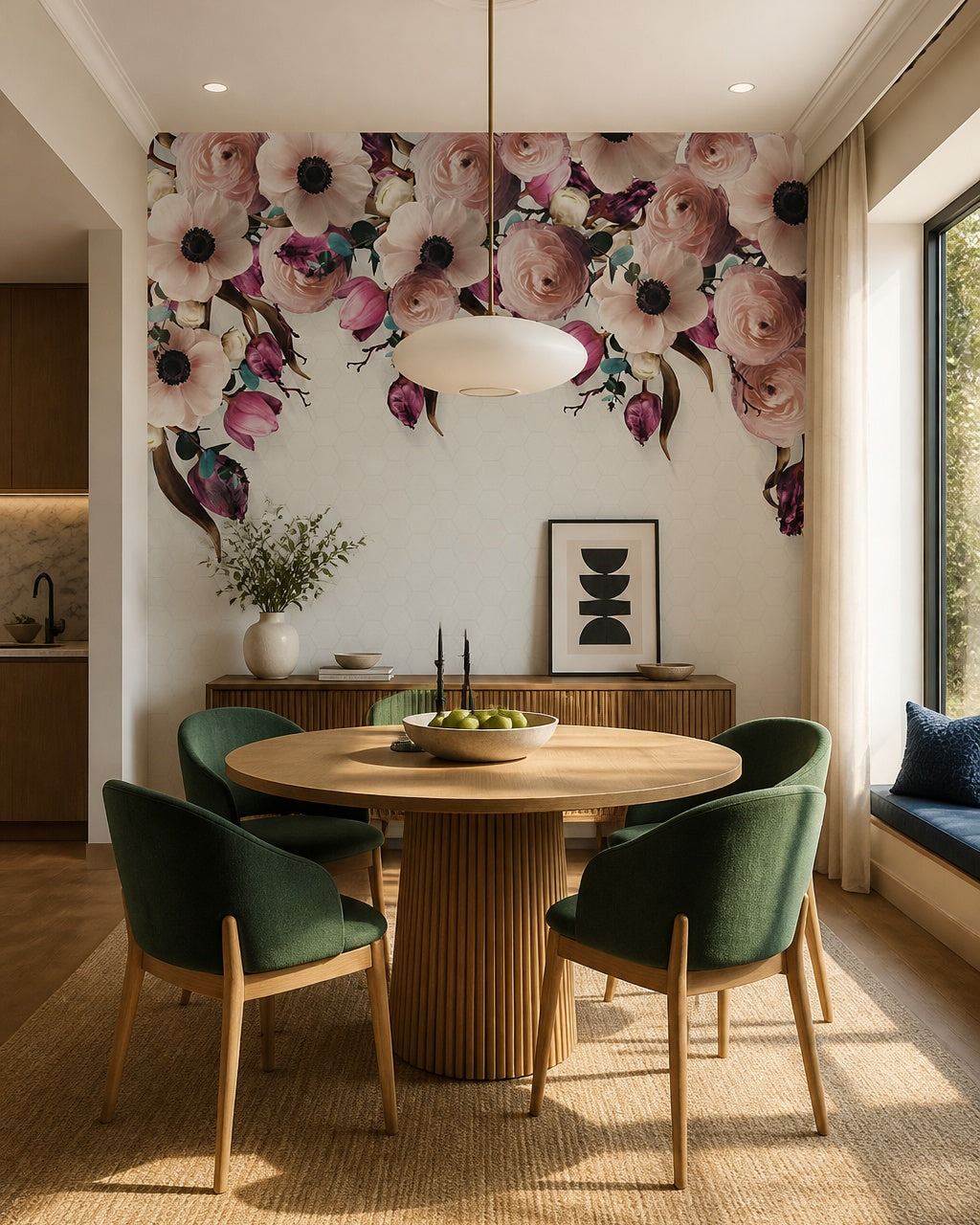 Pink peonies and tulips wallpaper in a refined dining area.