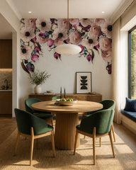 Pink peonies and tulips wallpaper in a refined dining area.