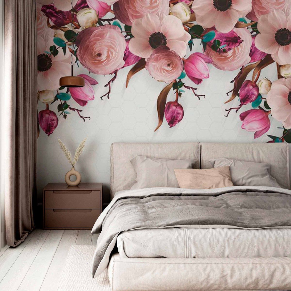 Elegant Floral Wall Mural with Pink Peonies and Purple Tulips on Hexagon Background