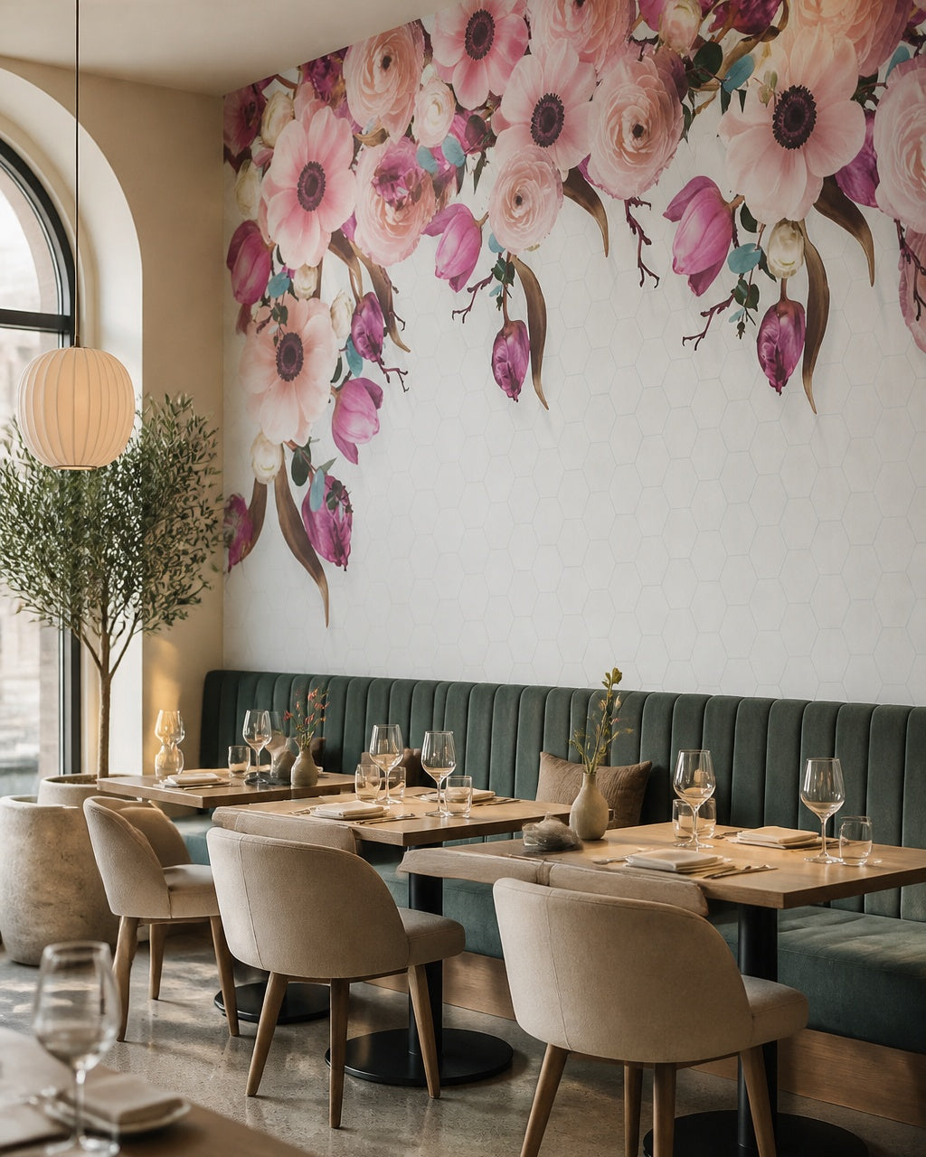 Pink peonies and tulips wallpaper in a restaurant.