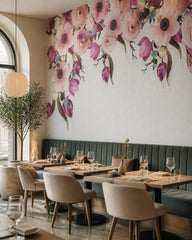 Pink peonies and tulips wallpaper in a restaurant.