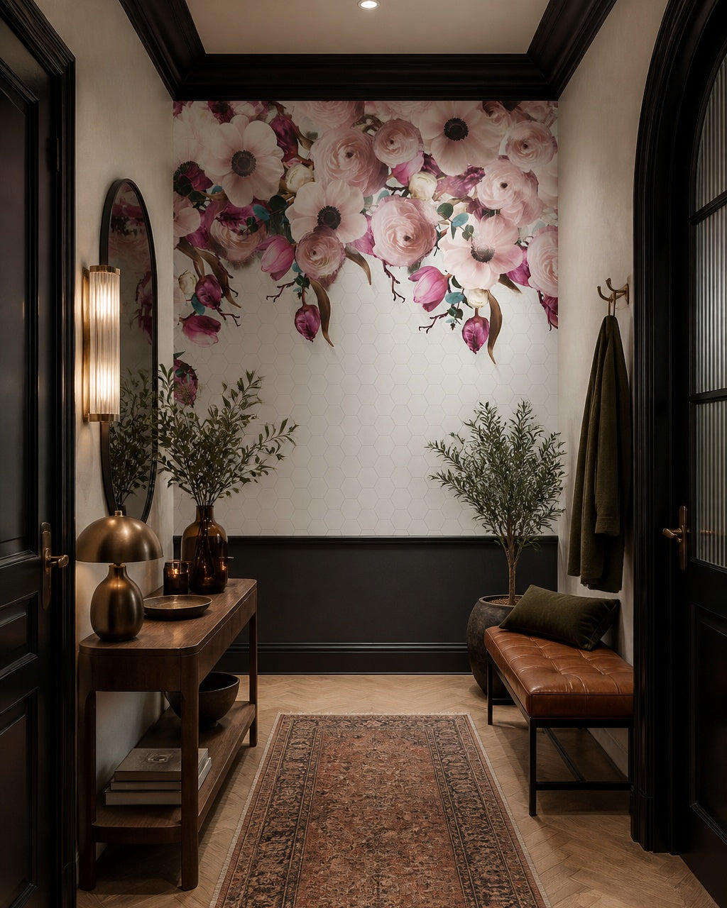 Pink peonies and tulips wallpaper in an architectural hallway.