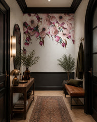 Pink peonies and tulips wallpaper in an architectural hallway.
