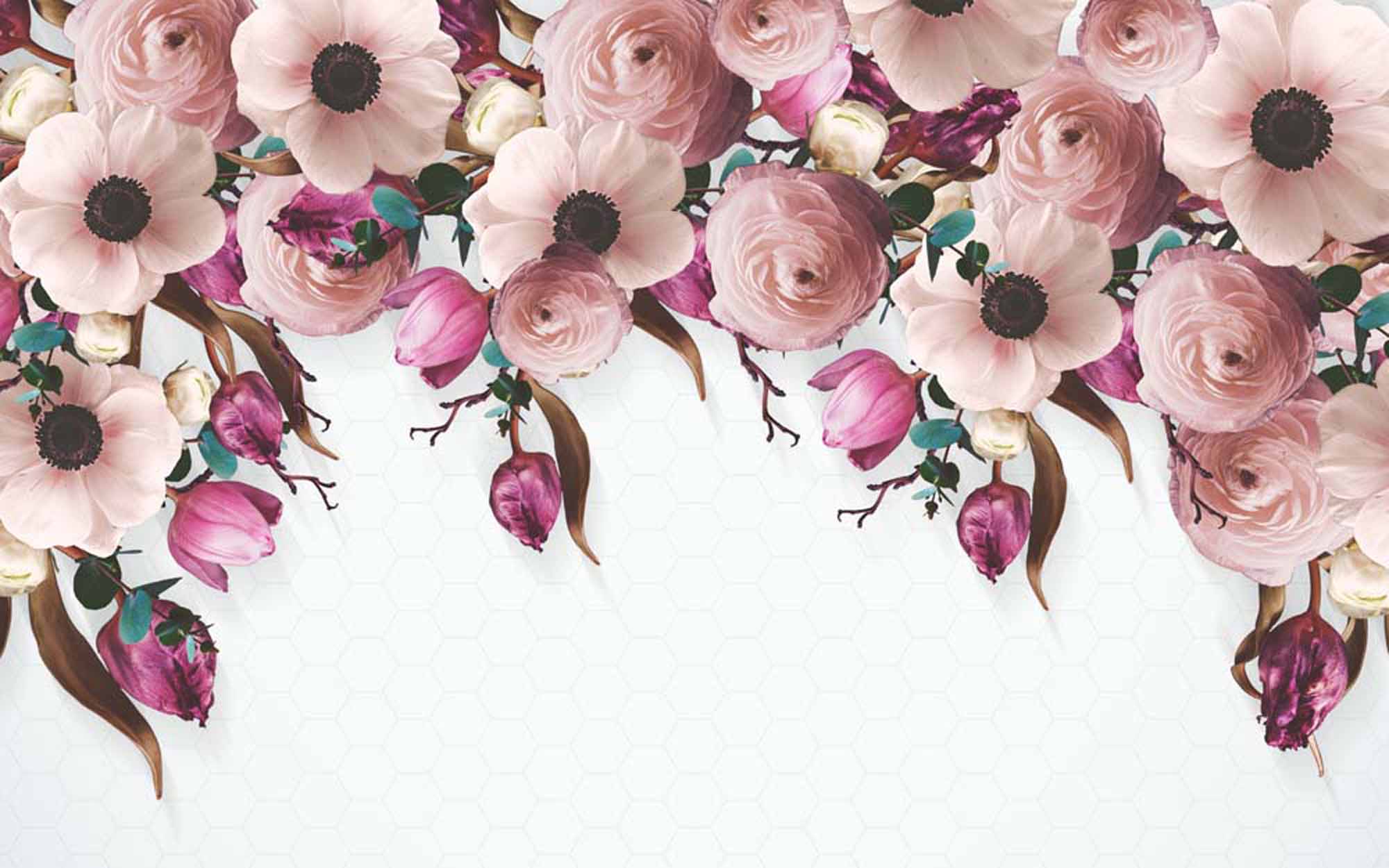 Elegant Floral Wall Mural with Pink Peonies and Purple Tulips on Hexagon Background