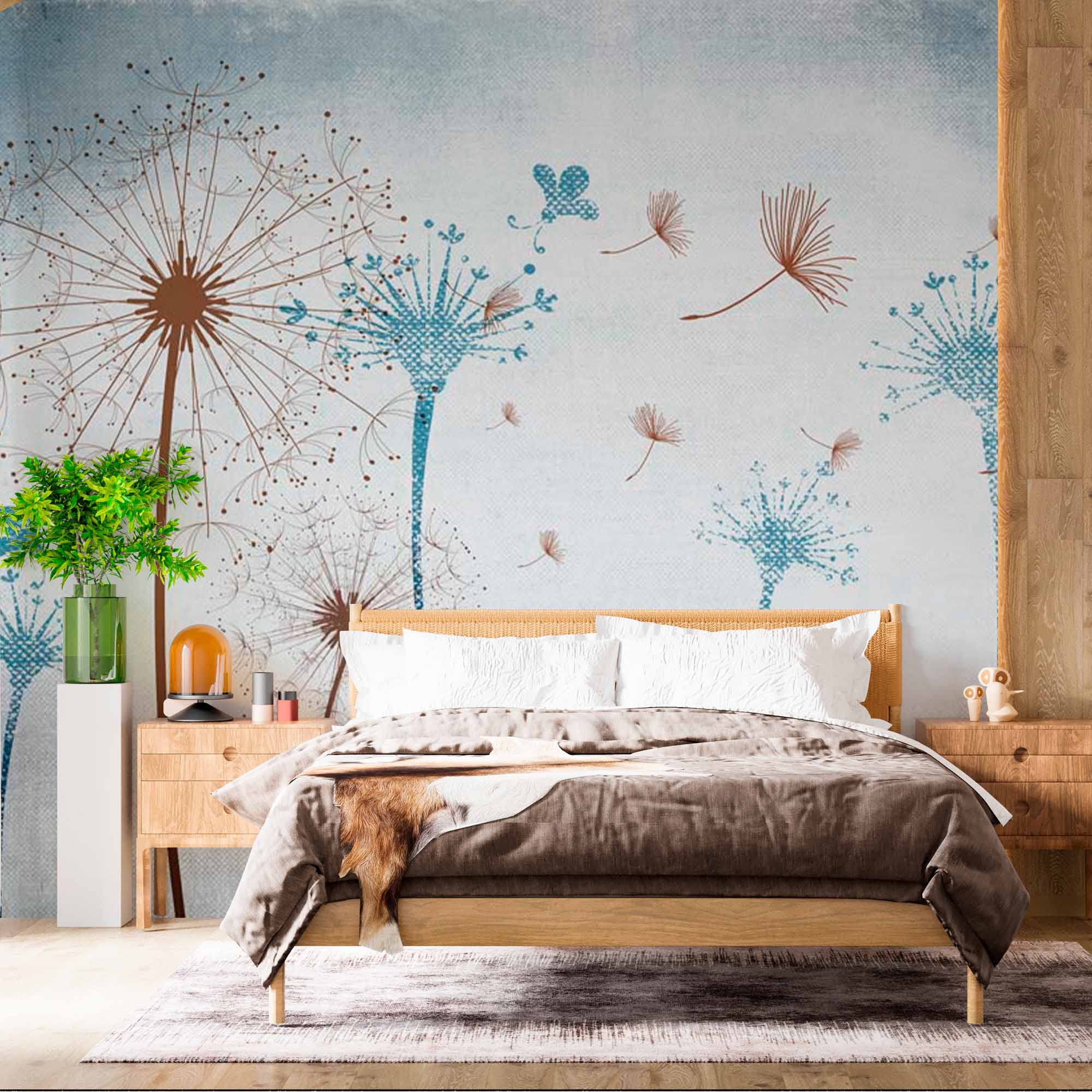 Dandelion Wall Mural with Blue and Brown Abstract Design