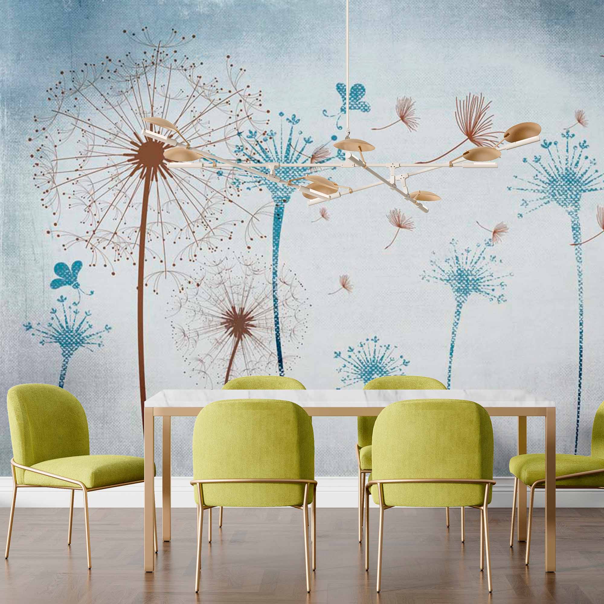 Dandelion Wall Mural with Blue and Brown Abstract Design