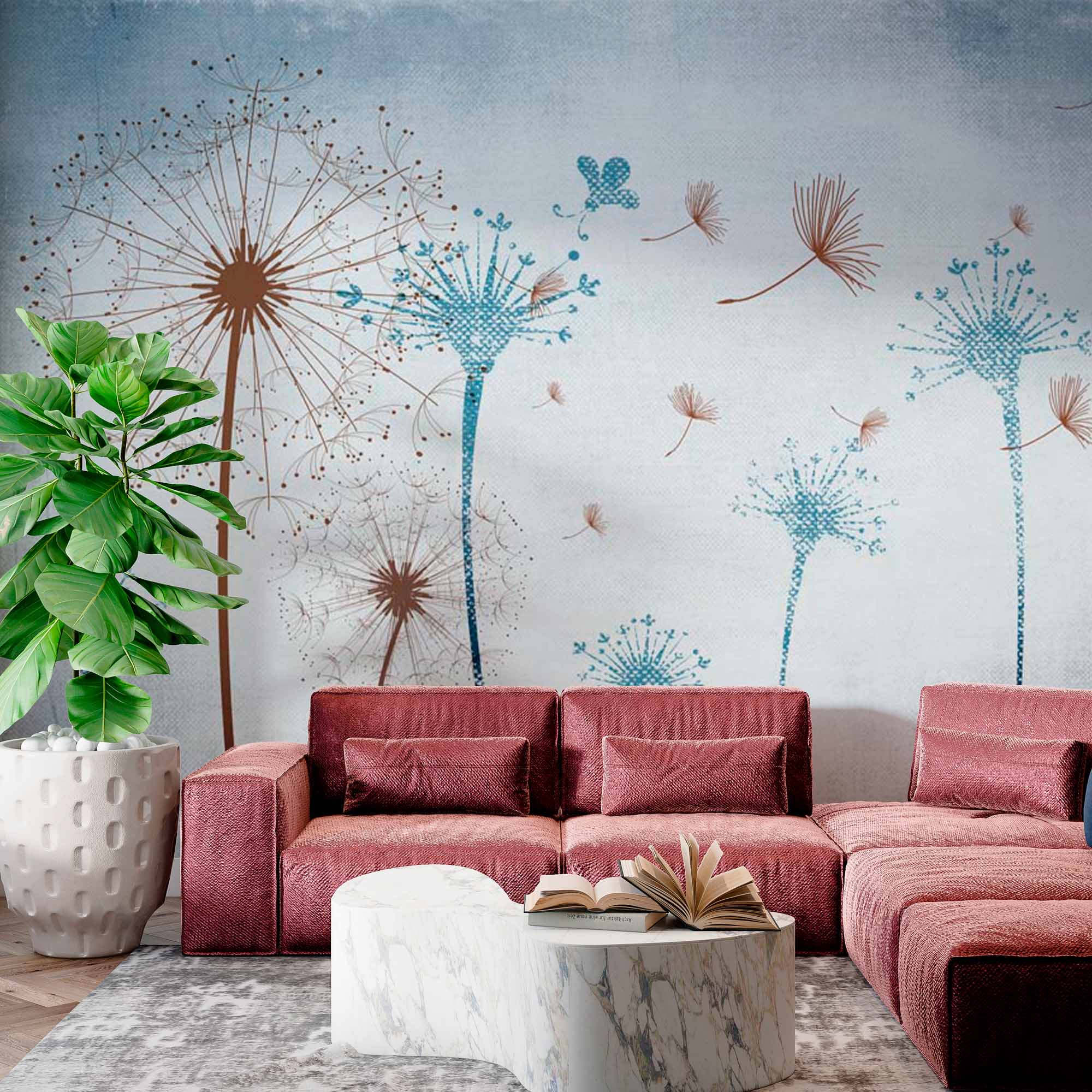 Dandelion Wall Mural with Blue and Brown Abstract Design