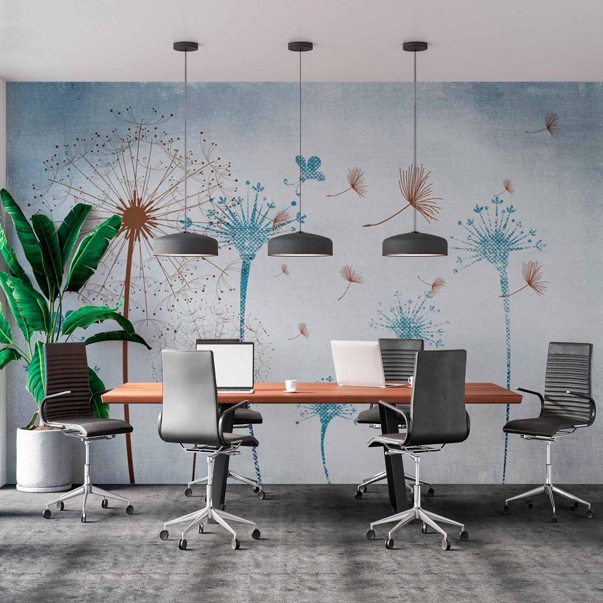 Custom Dandelion Wall Mural with Blue and Brown Abstract Design