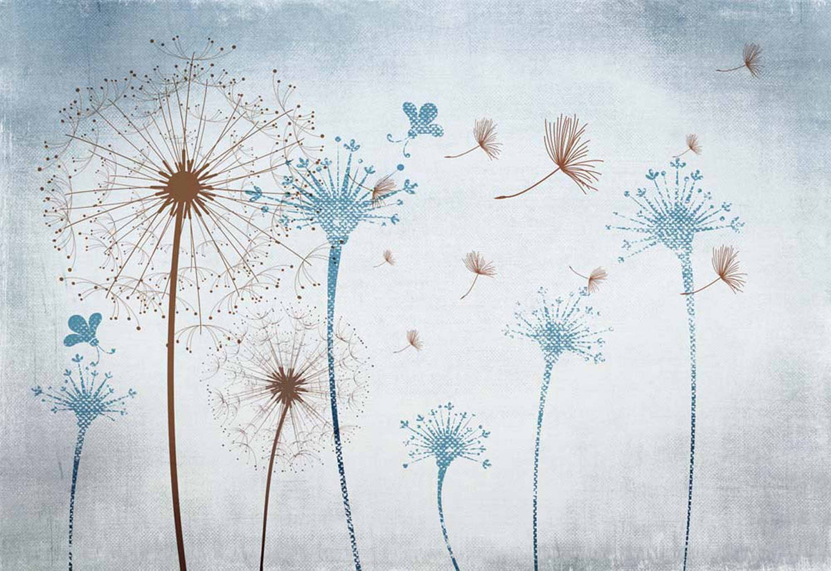 Fototapete Blaue und braune Pusteblumen – Abstraktes Blumenmotiv