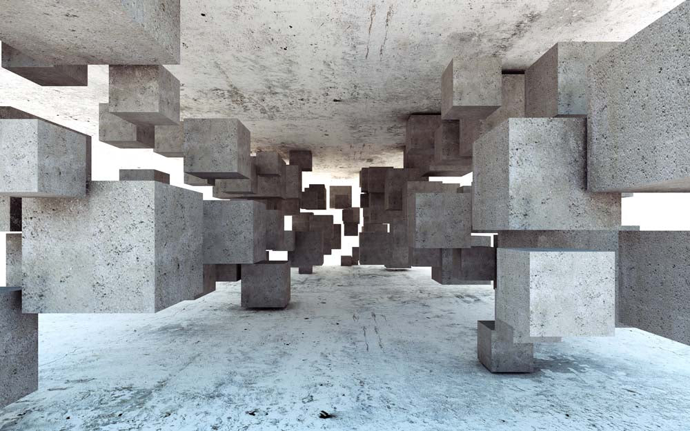 Papier peint panoramique 3D cubes de béton flottants brutalistes