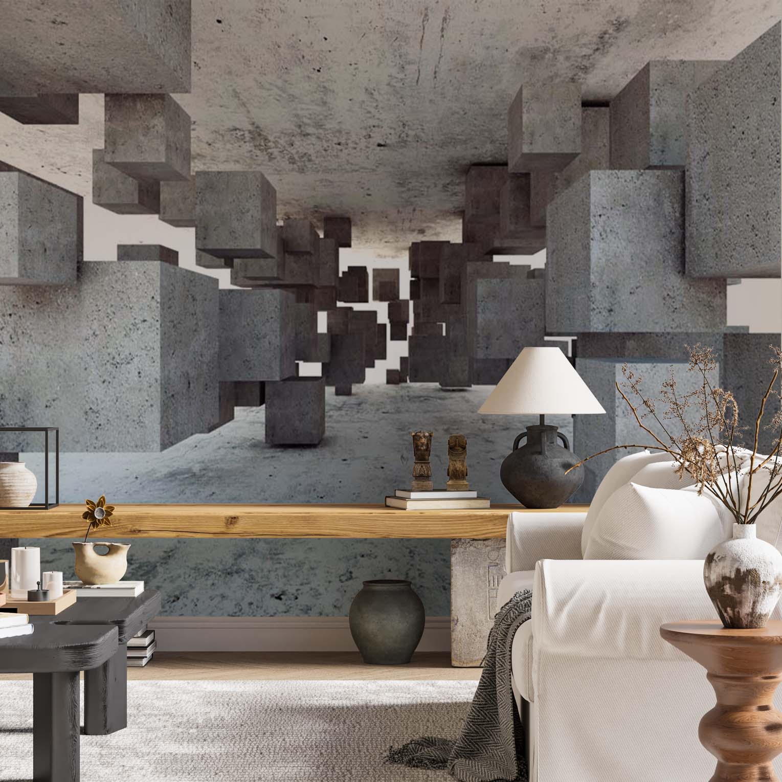 Abstract Wall Mural Concrete Blocks Cube Geometric Wallpaper