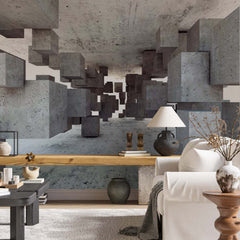 Custom Abstract Wall Mural Concrete Blocks Cube Geometric Wallpaper