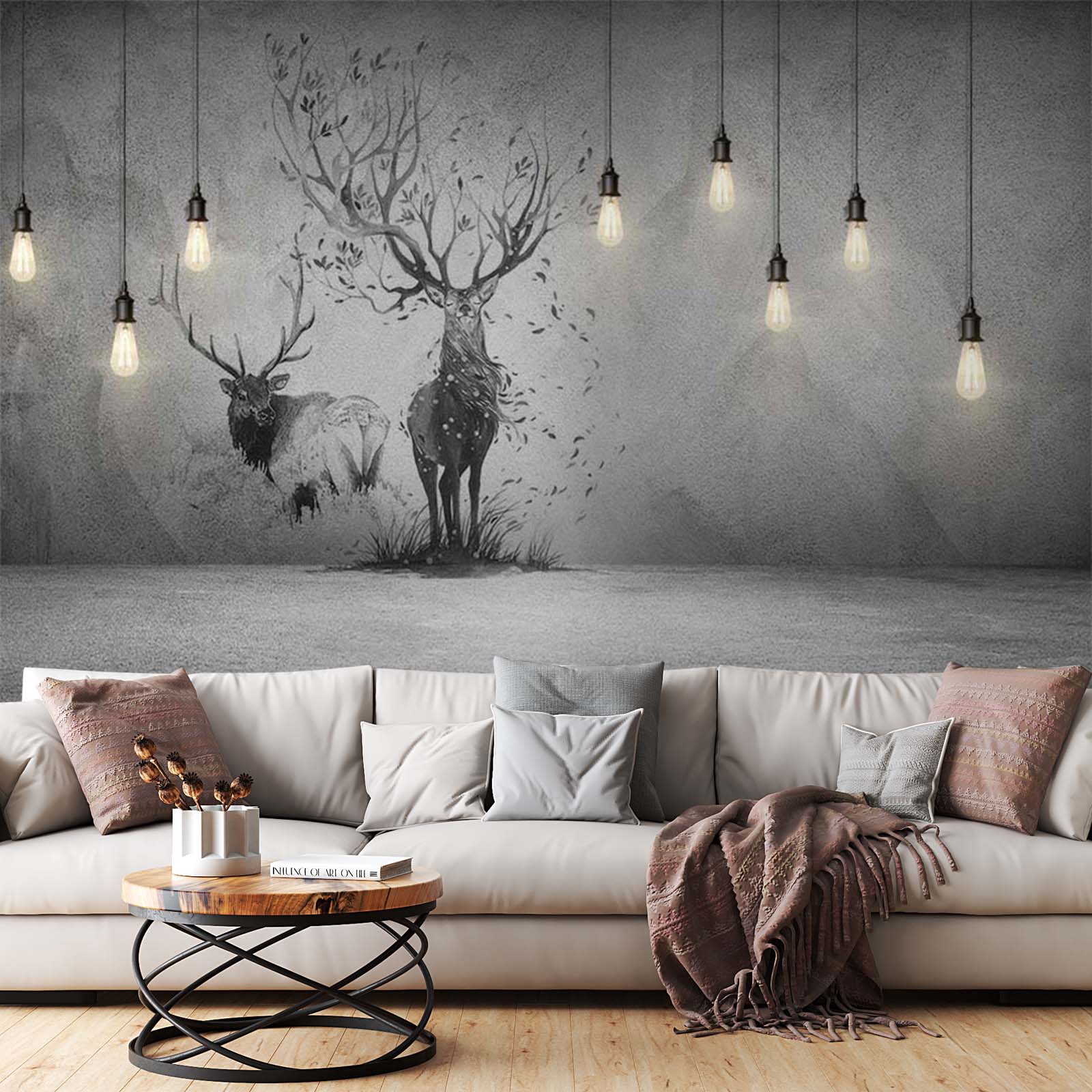 Black and White Deer Silhouette Wall Mural Forest Animals Wallpaper