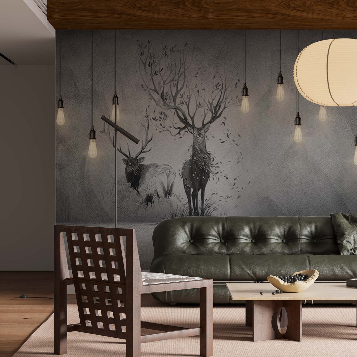 Custom Black and White Deer Silhouette Wall Mural Forest Animals Wallpaper