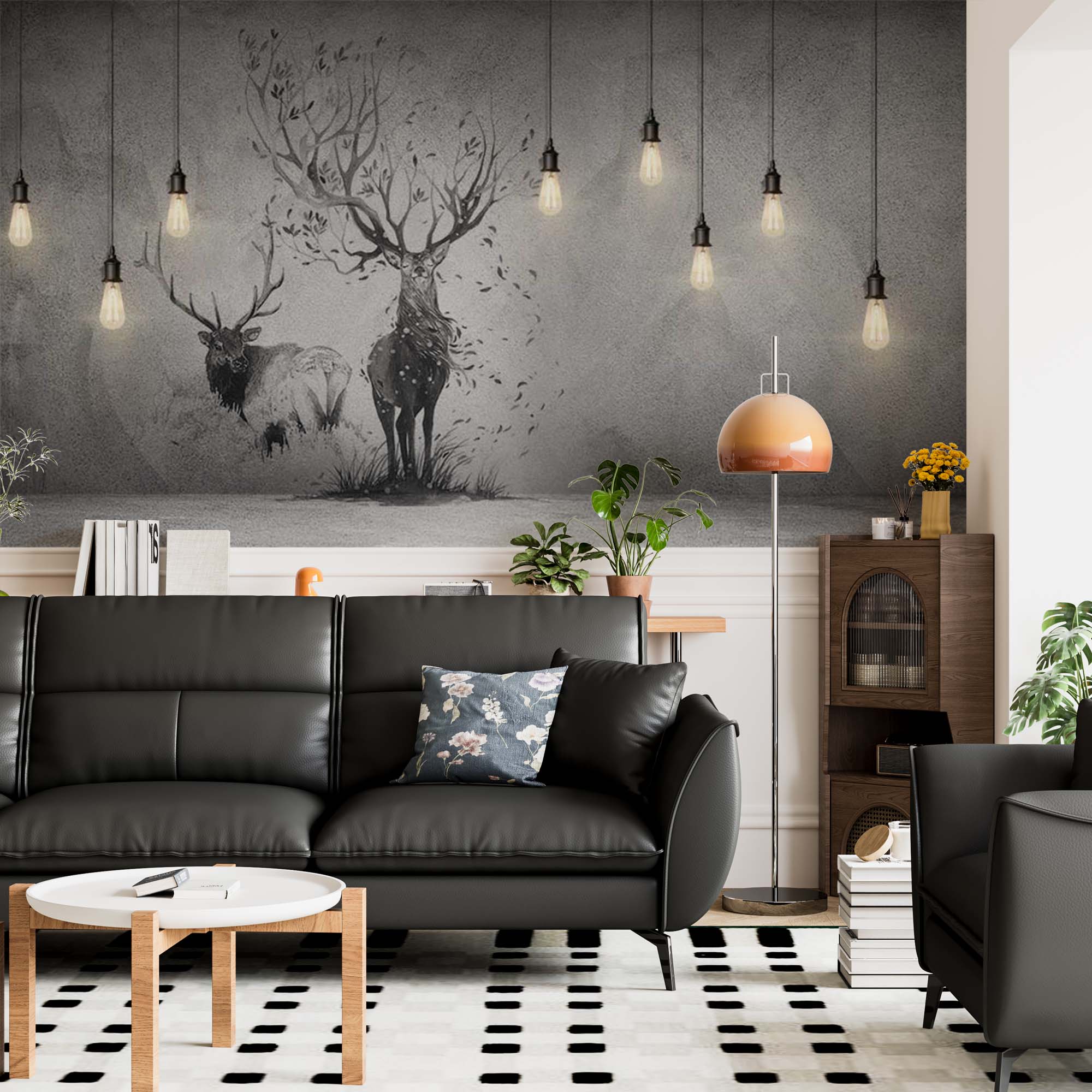 Black and White Deer Silhouette Wall Mural Forest Animals Wallpaper