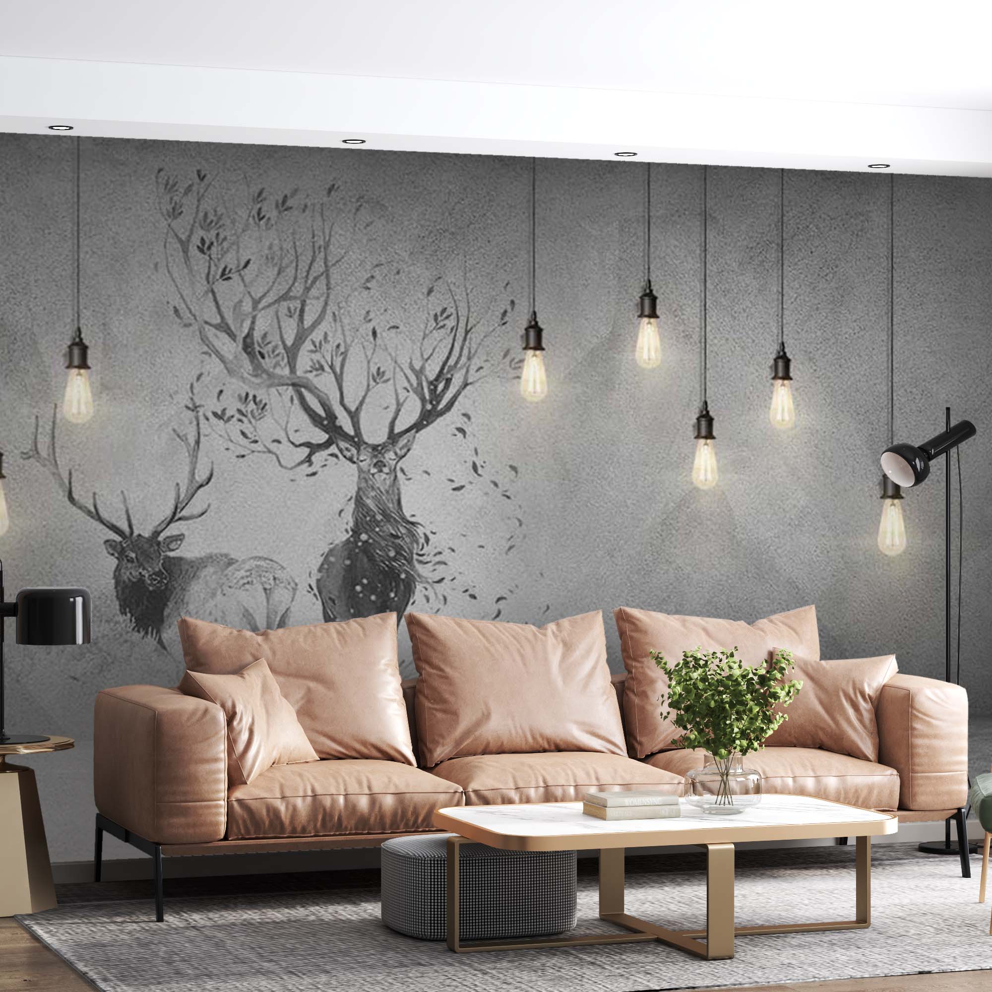 Black and White Deer Silhouette Wall Mural Forest Animals Wallpaper