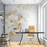 Luxurious White and Gold Peony Wall Mural - Elegant Floral Design on Textured Background