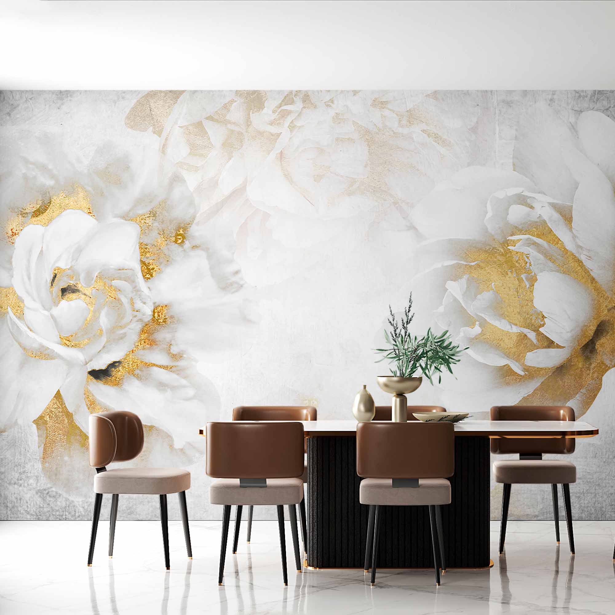 Luxurious White and Gold Peony Wall Mural - Elegant Floral Design on Textured Background