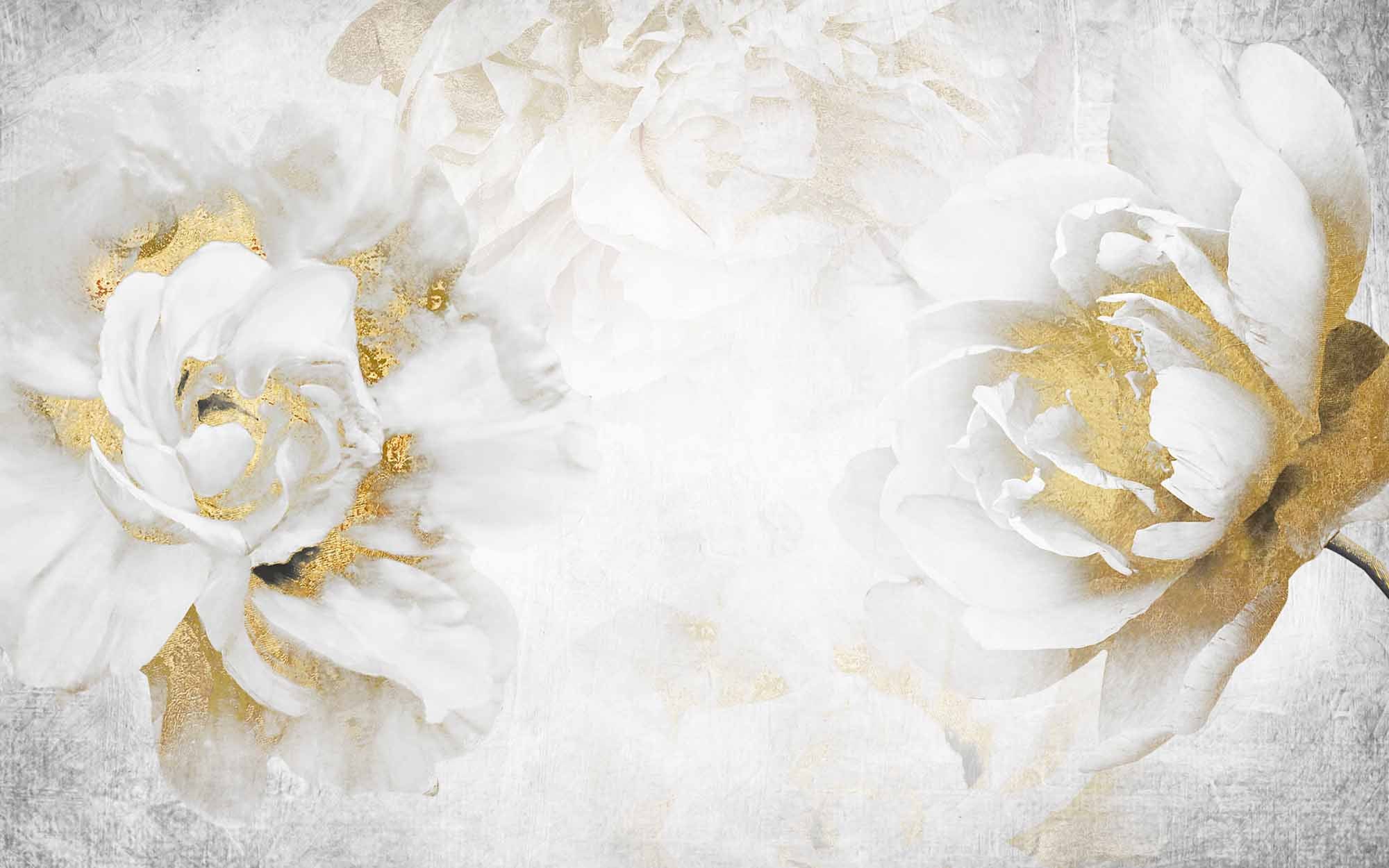 Luxurious White and Gold Peony Wall Mural - Elegant Floral Design on Textured Background