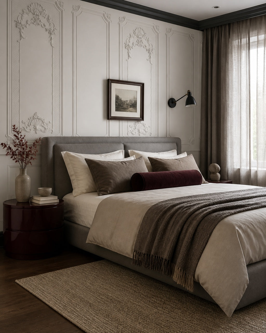 White baroque panel wallpaper in a designer bedroom.