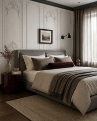 White baroque panel wallpaper in a designer bedroom.