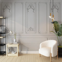 Custom White Baroque Panel Wallpaper with Ornate Decorative Detailing
