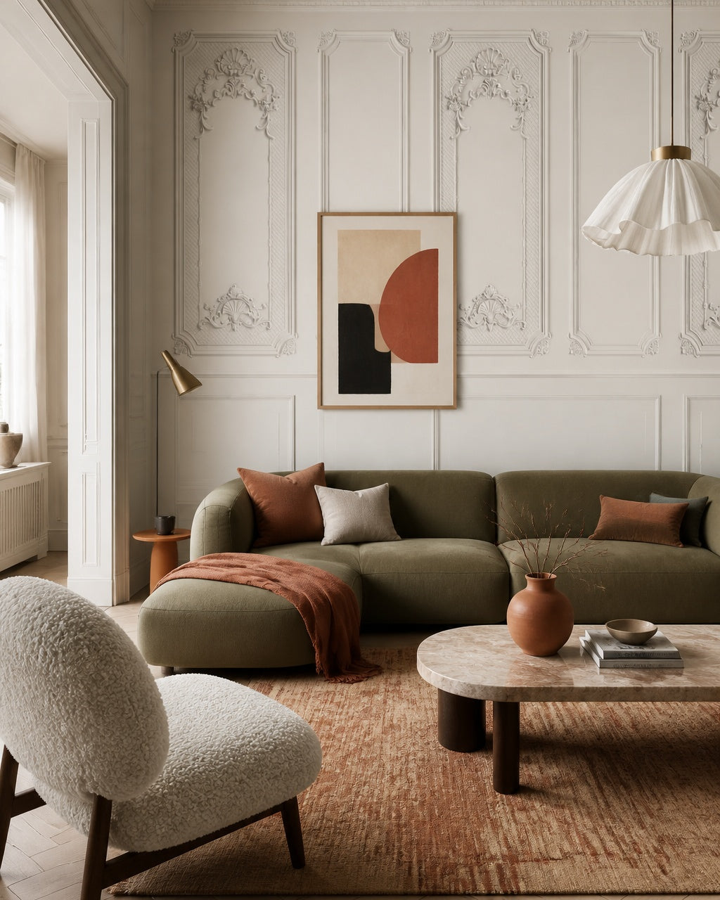 White baroque panel wallpaper in a designer living room.
