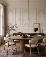 White baroque panel wallpaper in a refined dining area.