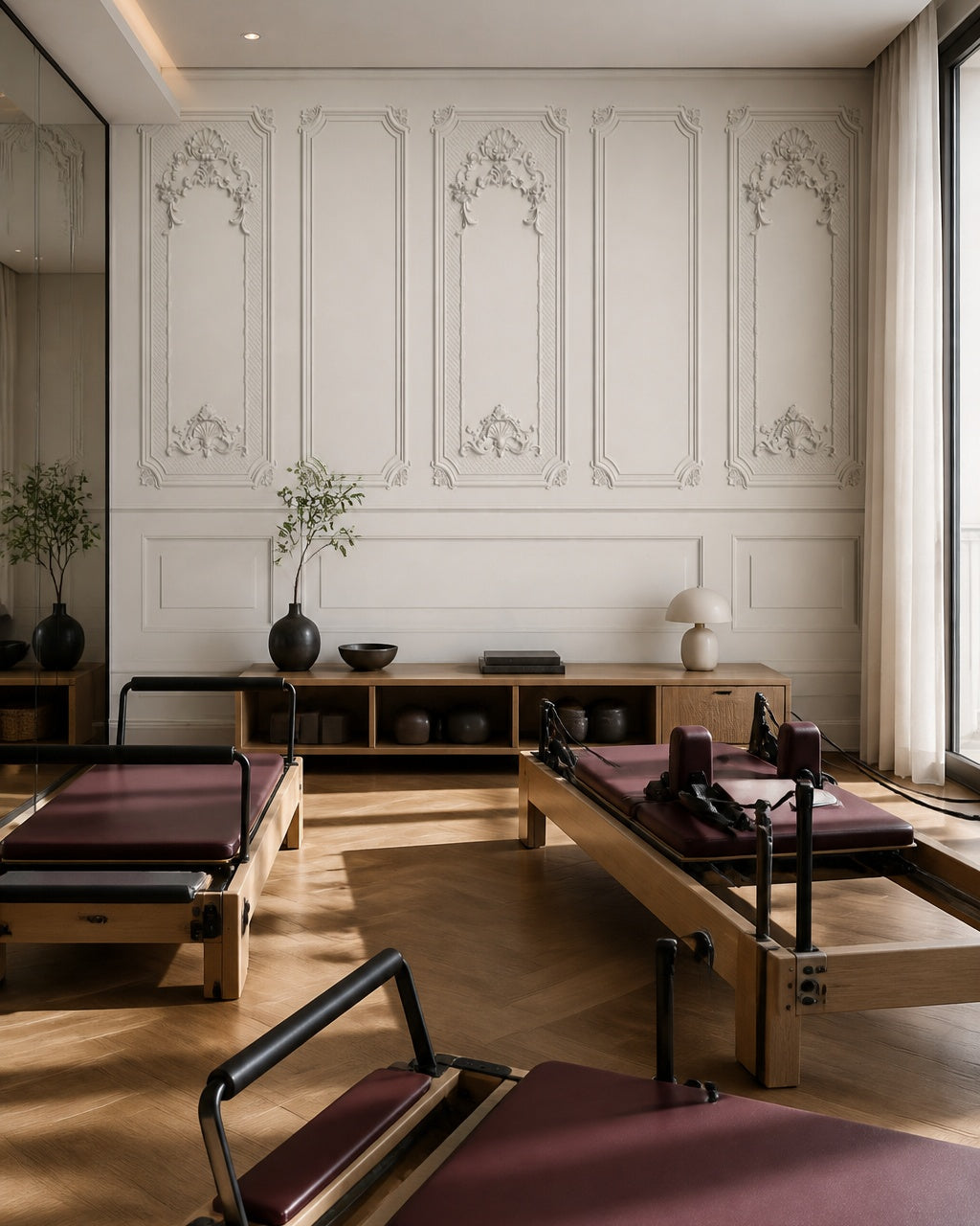 White baroque panel wallpaper in a fitness studio.