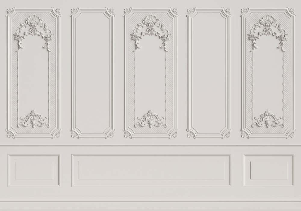 White Baroque Panel Wallpaper with Ornate Decorative Detailing