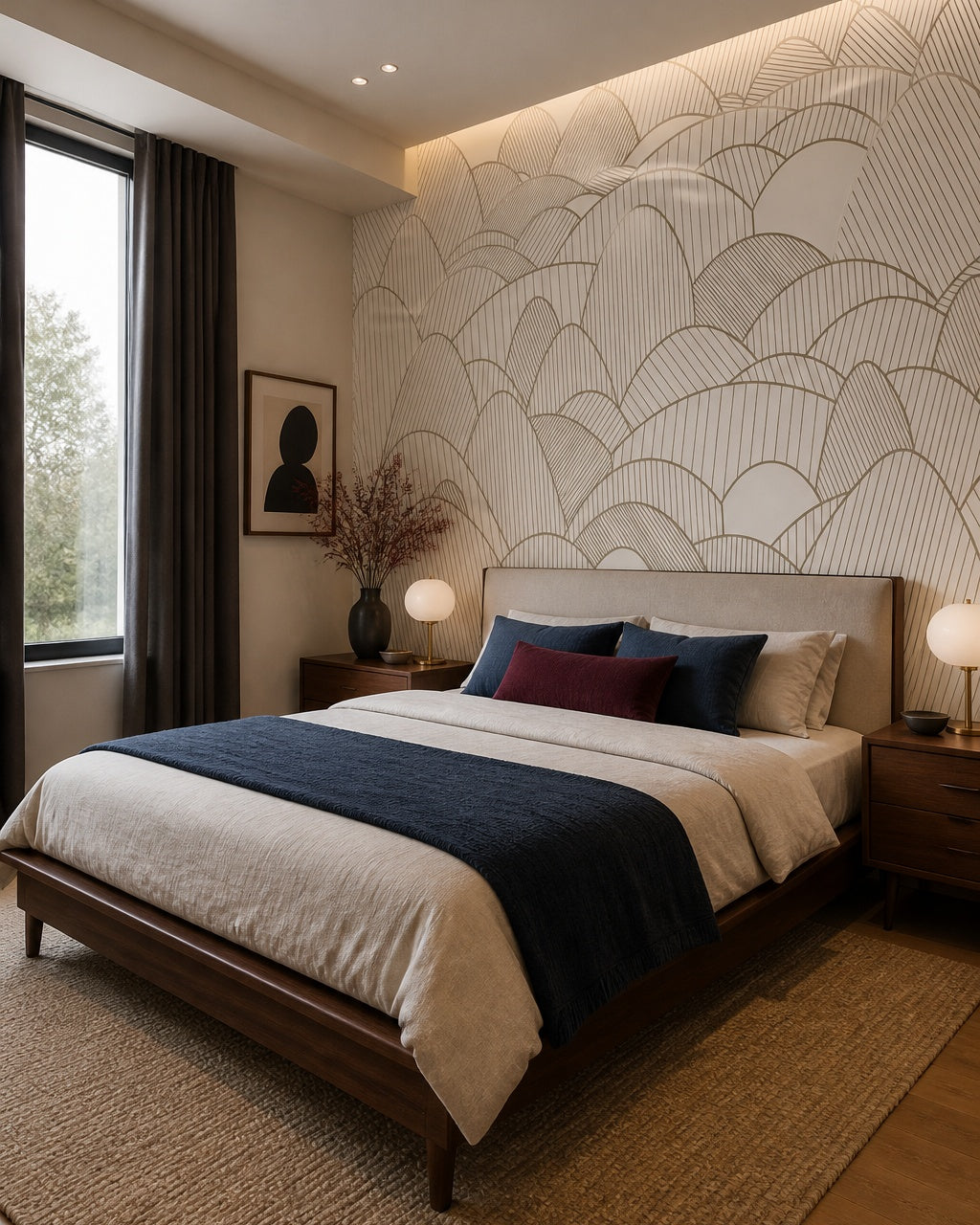 Art Deco hills wallpaper in a designer bedroom.