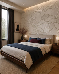 Art Deco hills wallpaper in a designer bedroom.