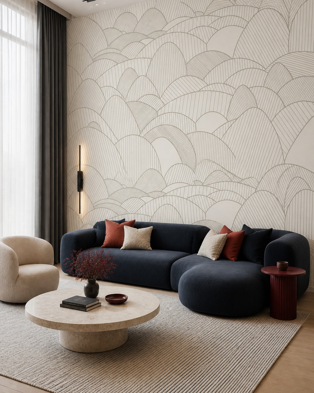 Art Deco hills wallpaper in a designer living room.