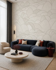 Art Deco hills wallpaper in a designer living room.