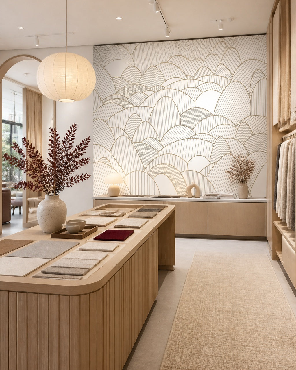 Art Deco hills wallpaper in a design showroom.