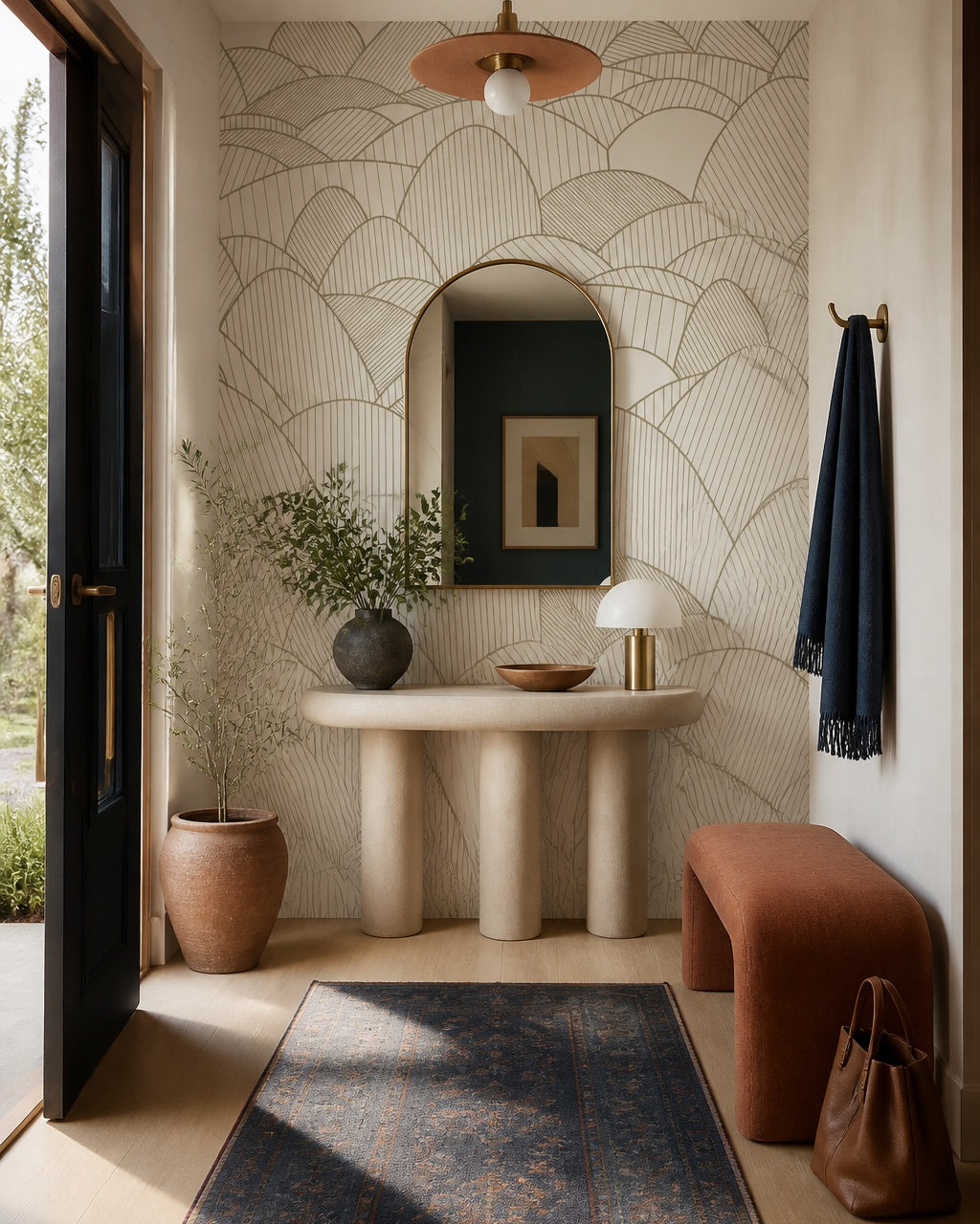 Art Deco hills wallpaper in a refined foyer.