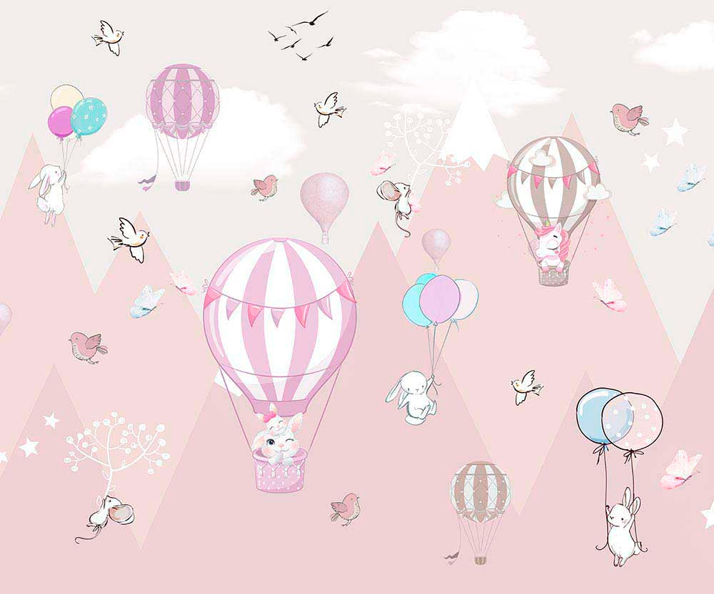 Kids Wall Murals Pink Mountains Hot Air Balloons Stars and Clouds Wallpaper for Kids