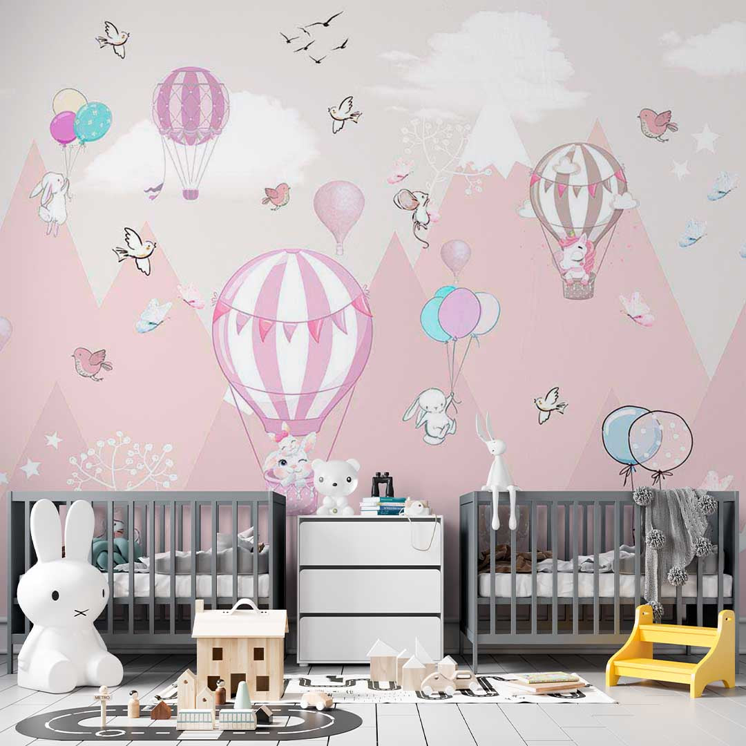 Kids Wall Murals Pink Mountains Hot Air Balloons Stars and Clouds Wallpaper for Kids