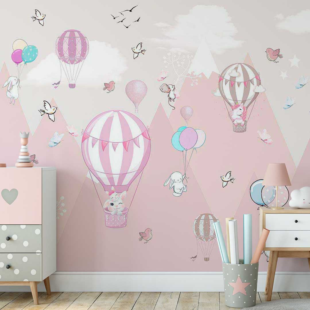 Kids Wall Murals Pink Mountains Hot Air Balloons Stars and Clouds Wallpaper for Kids