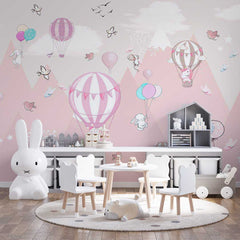 Custom Kids Wall Murals Pink Mountains Hot Air Balloons Stars and Clouds Wallpaper for Kids