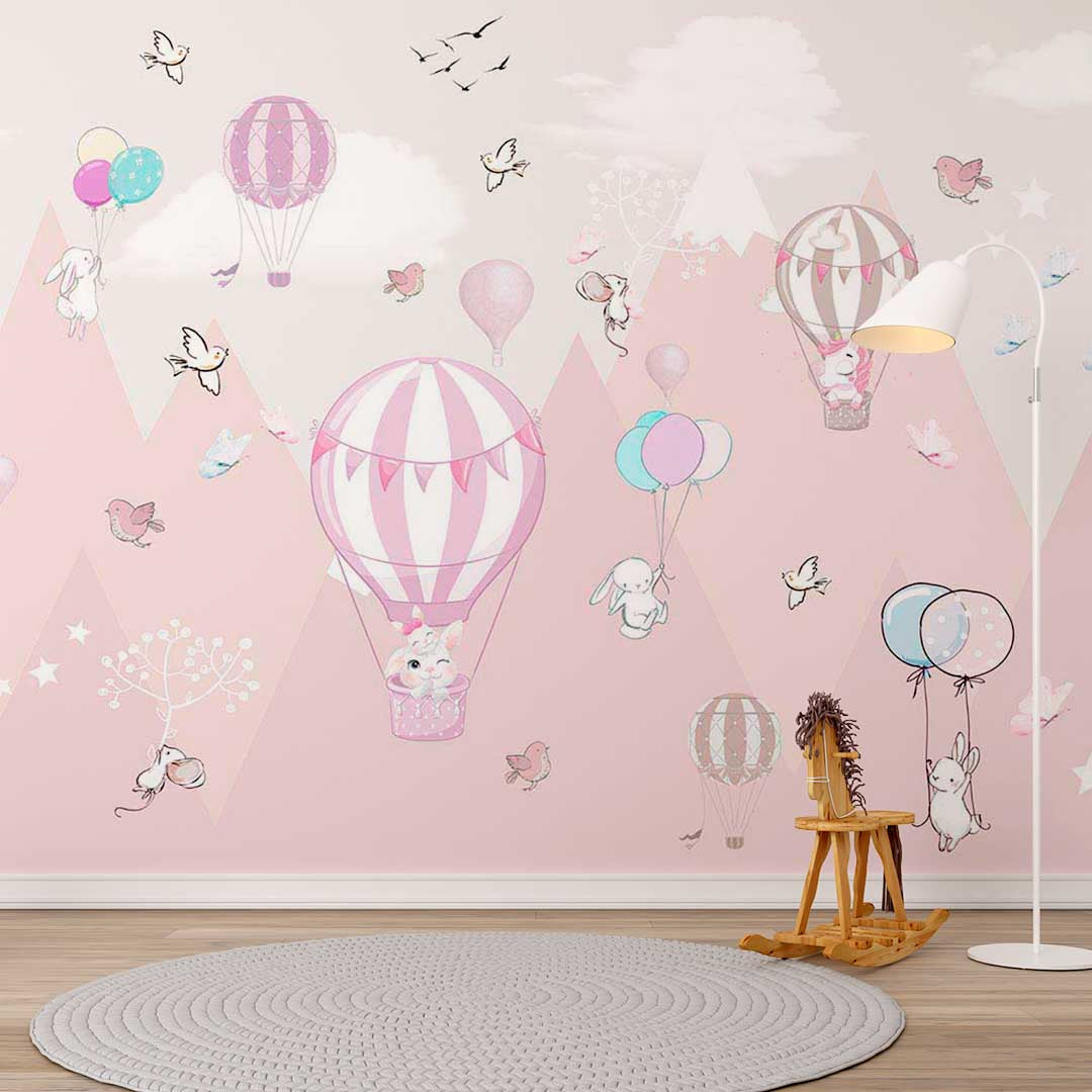 Kids Wall Murals Pink Mountains Hot Air Balloons Stars and Clouds Wallpaper for Kids