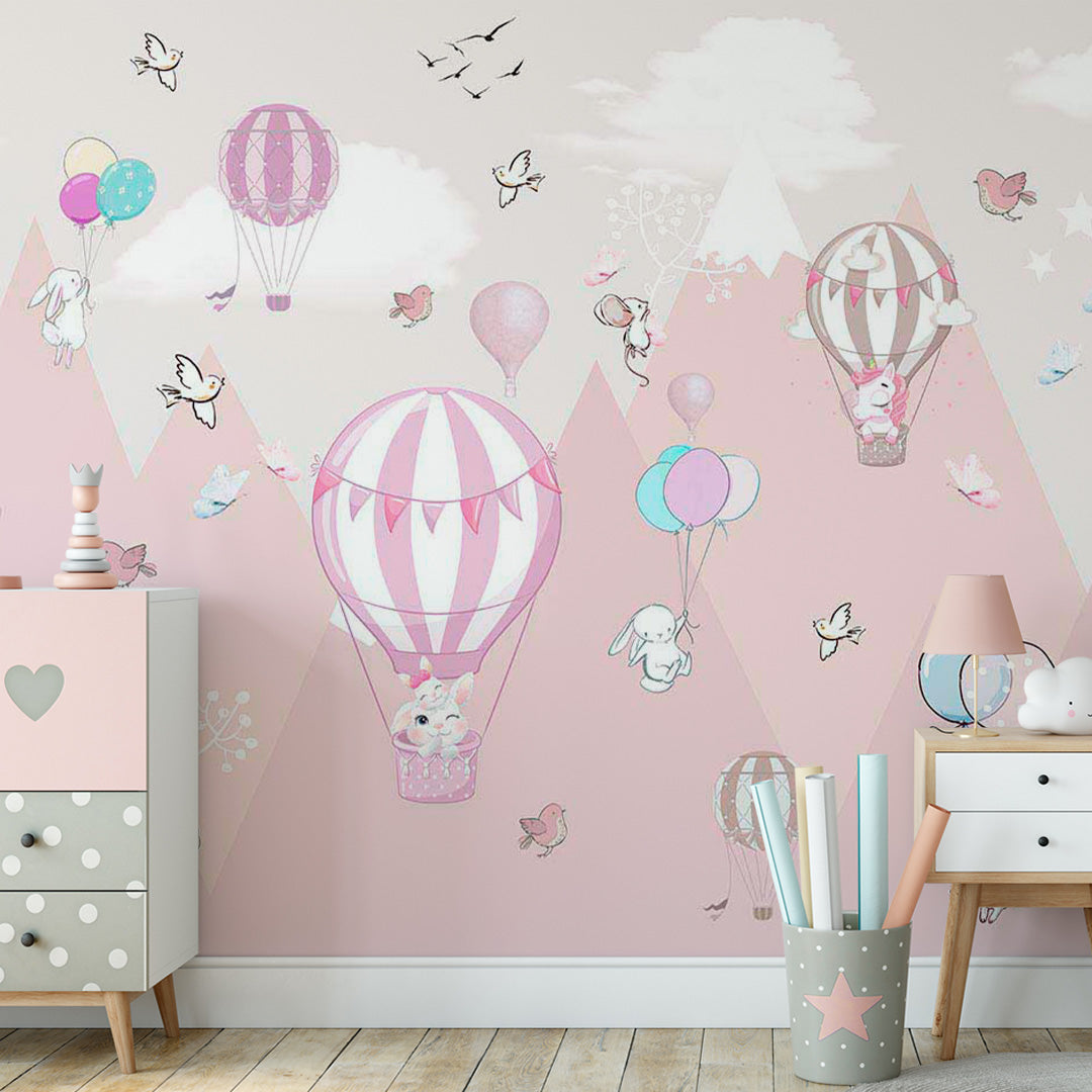 Kids Wall Murals Pink Mountains Cute Animals Balloon Wallpaper for Kids