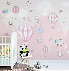 Custom Kids Wall Murals Pink Mountains Hot Air Balloons Stars and Clouds Wallpaper for Kids